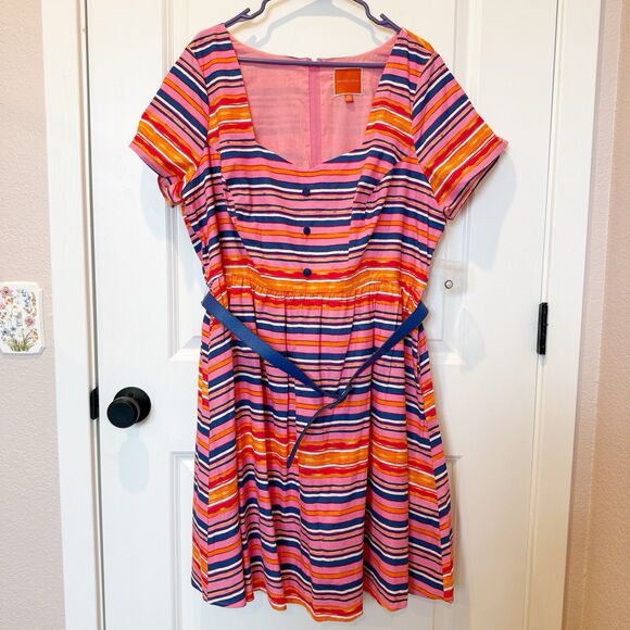 Modcloth Womens Sweetheart Neck Striped Dress Size 2x Pinup Retro Belted Buttons - Picture 1 of 9
